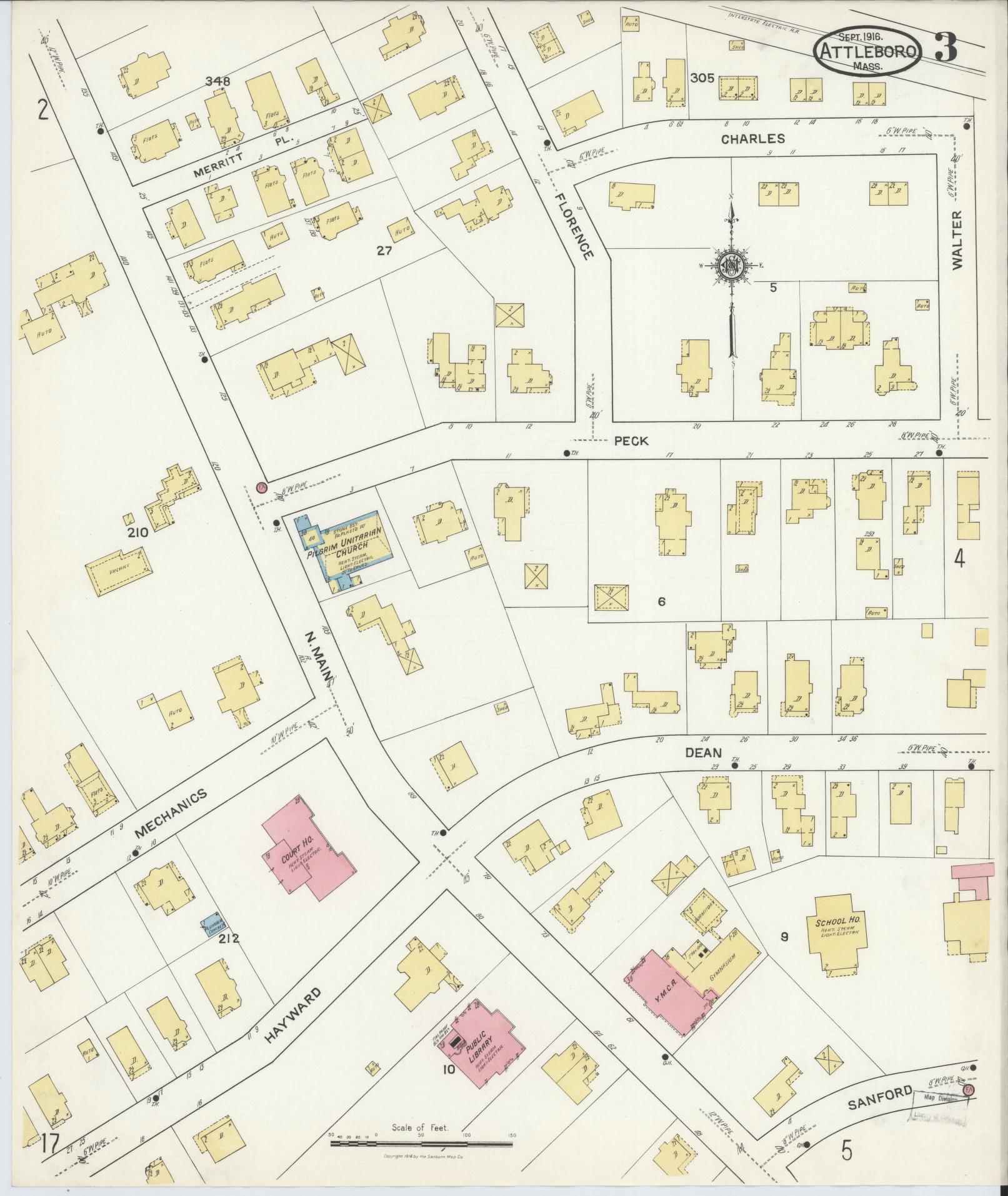 Sanborn Fire Insurance Map from Attleboro, Bristol County, Massachusetts (1916), Sheet #0003 - Historic Sanborn Fire Insurance Map Print, vintage old map wall art, antique decor, genealogy gift, Massachusetts Massachusetts map