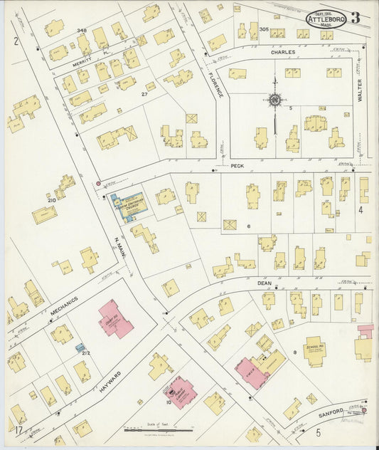 Sanborn Fire Insurance Map from Attleboro, Bristol County, Massachusetts (1916), Sheet #0003 - Historic Sanborn Fire Insurance Map Print, vintage old map wall art, antique decor, genealogy gift, Massachusetts Massachusetts map