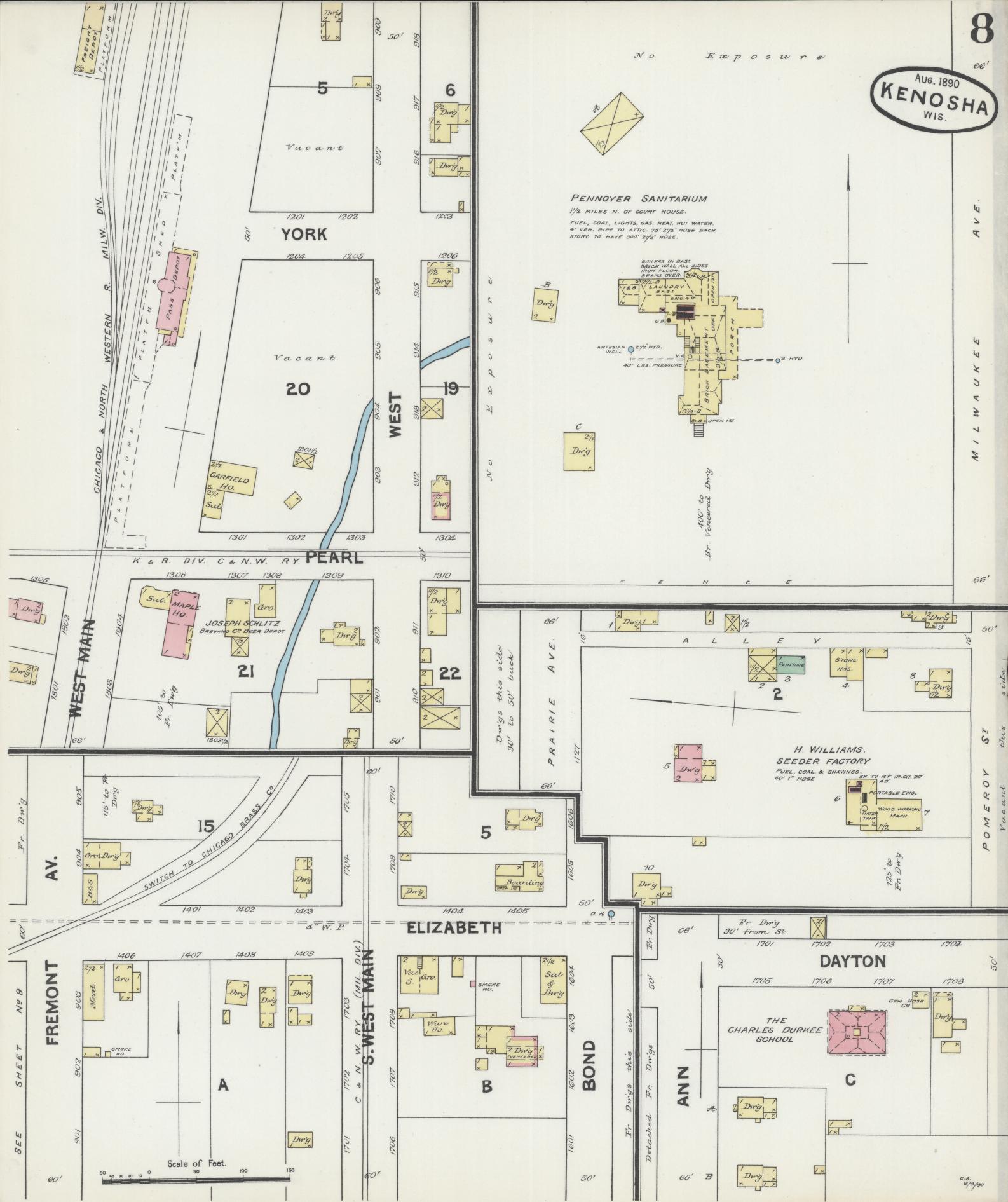 Sanborn Fire Insurance Map from Kenosha, Kenosha County, Wisconsin (1890), Sheet #0008 - Complete Map Set gallery image, historic Sanborn map, vintage wall art, Wisconsin Wisconsin