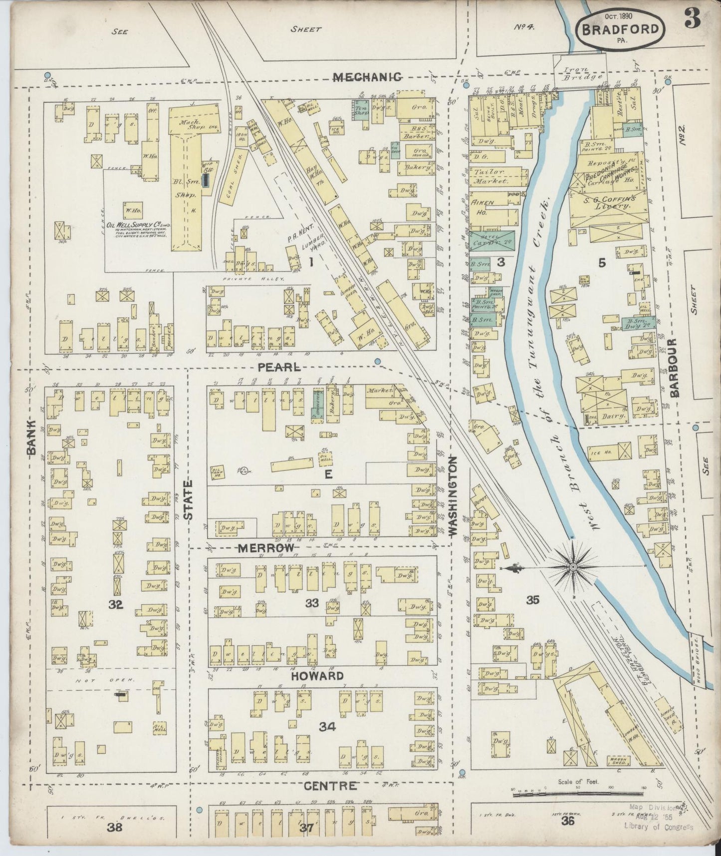 Sanborn Fire Insurance Map from Bradford, McKean County, Pennsylvania (1890), Sheet #0003 - Historic Sanborn Fire Insurance Map Print, vintage old map wall art, antique decor, genealogy gift, Pennsylvania Pennsylvania map