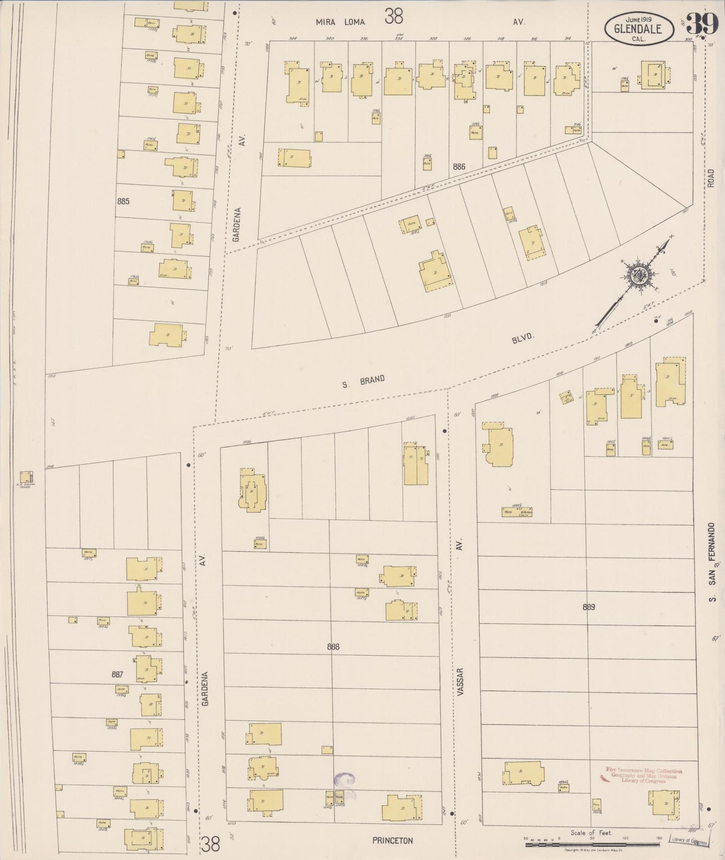 Sanborn Fire Insurance Map from Glendale, Los Angeles County, California (1919), Sheet #0039 - Historic Sanborn Fire Insurance Map Print, vintage old map wall art, antique decor, genealogy gift, California California map