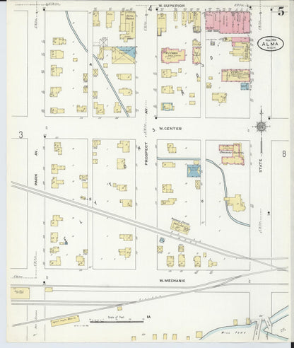 Sanborn Fire Insurance Map from Alma, Gratiot County, Michigan (1910), Sheet #0005 - Historic Sanborn Fire Insurance Map Print, vintage old map wall art, antique decor, genealogy gift, Michigan Michigan map