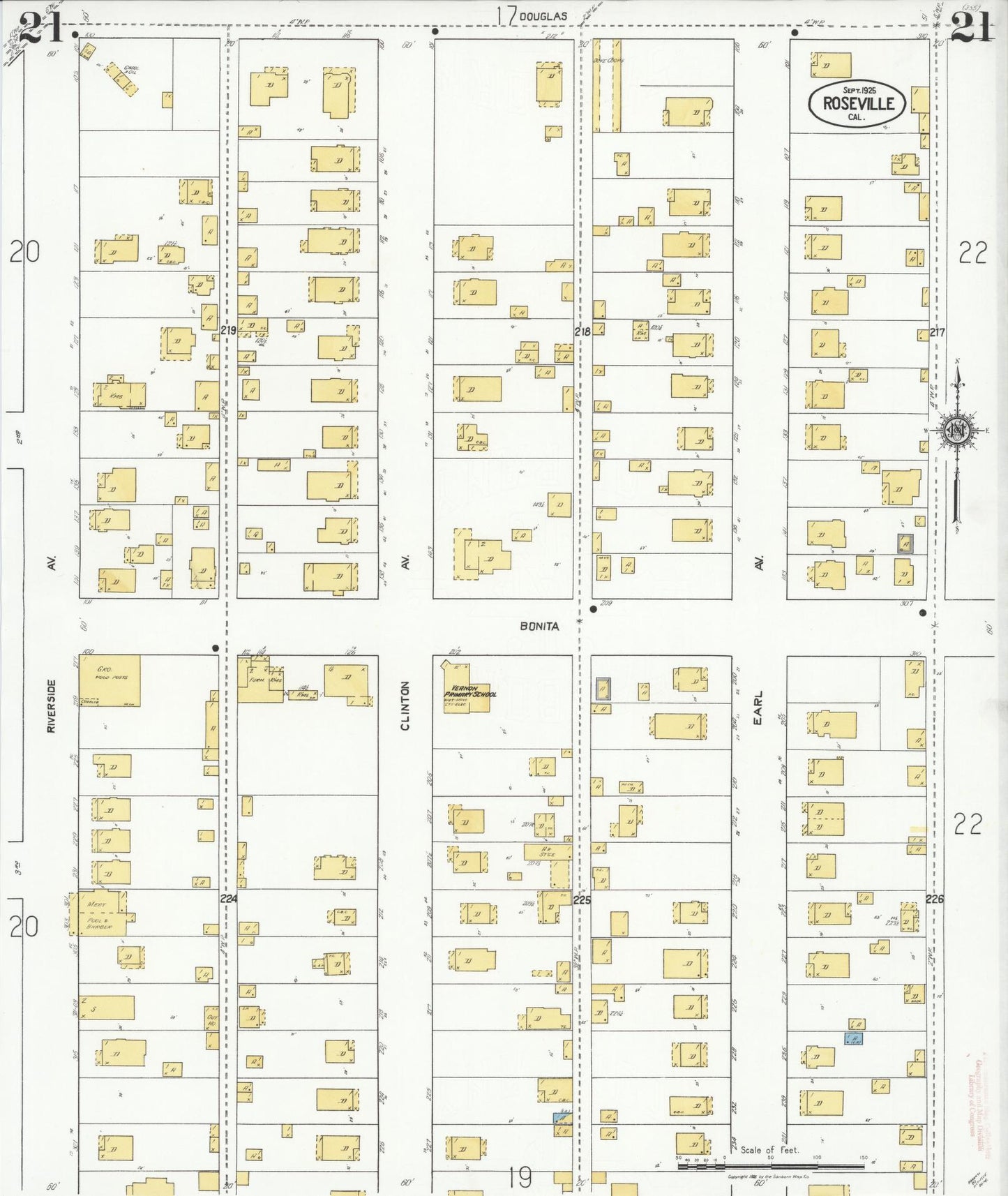 Sanborn Fire Insurance Map from Roseville, Placer County, California (1925), Sheet #0021 - Complete Map Set gallery image, historic Sanborn map, vintage wall art, California California