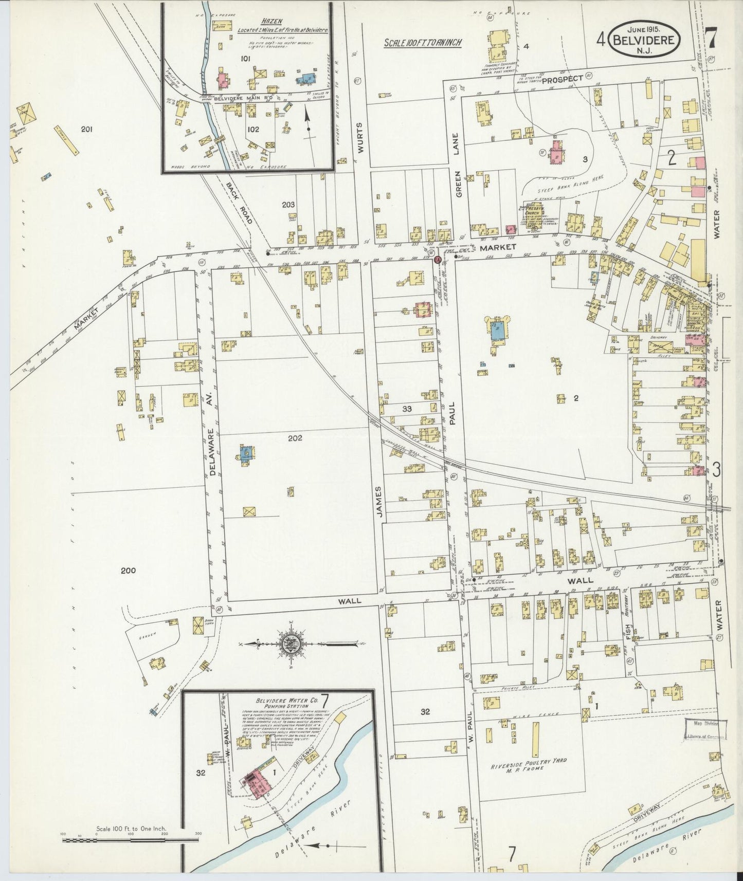 Sanborn Fire Insurance Map from Belvidere, Warren County, New Jersey (1915), Sheet #0007 - Historic Sanborn Fire Insurance Map Print, vintage old map wall art, antique decor, genealogy gift, Pennsylvania Pennsylvania map