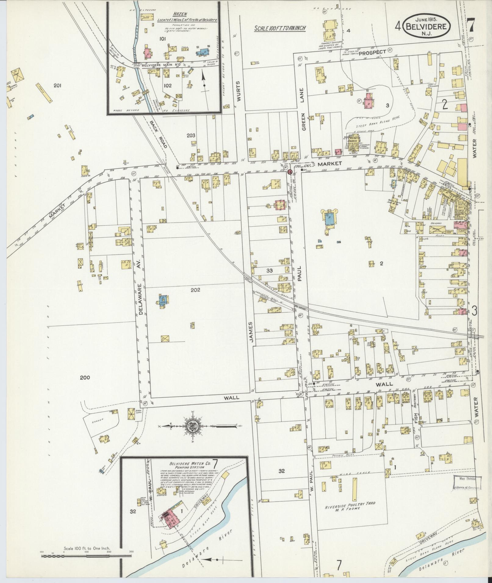 Sanborn Fire Insurance Map from Belvidere, Warren County, New Jersey (1915), Sheet #0007 - Historic Sanborn Fire Insurance Map Print, vintage old map wall art, antique decor, genealogy gift, Pennsylvania Pennsylvania map