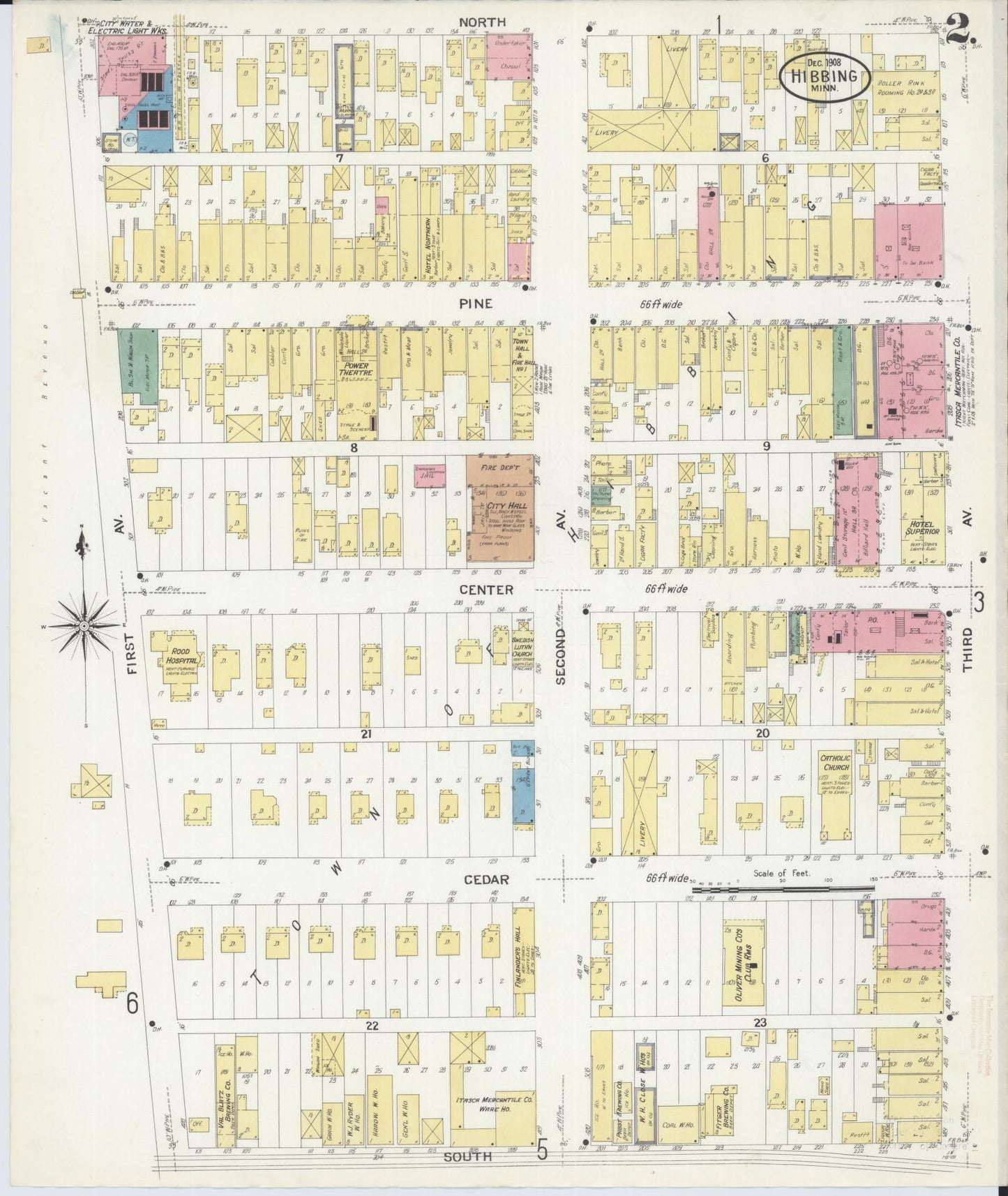 Sanborn Fire Insurance Map from Hibbing, Saint Louis County, Minnesota (1908), Sheet #0002 - Historic Sanborn Fire Insurance Map Print, vintage old map wall art, antique decor, genealogy gift, Minnesota Minnesota map