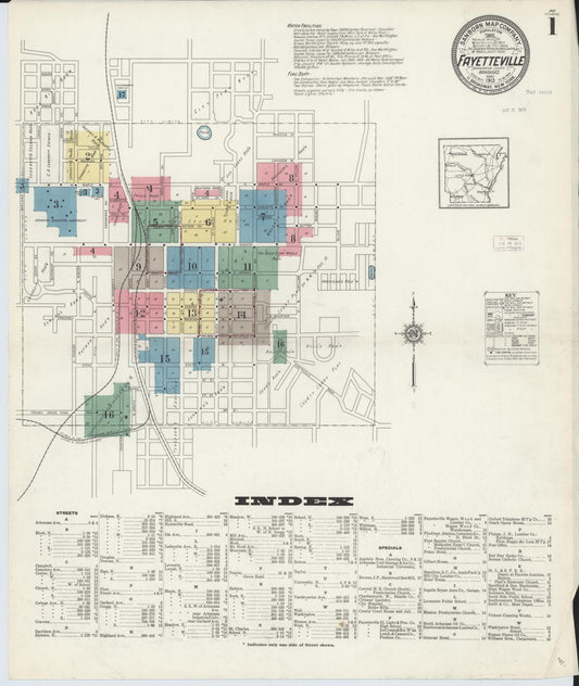 Sanborn Fire Insurance Map from Fayetteville, Washington County, Arkansas (1913), Sheet #0001 - Complete Map Set gallery image, historic Sanborn map, vintage wall art, Arkansas Arkansas