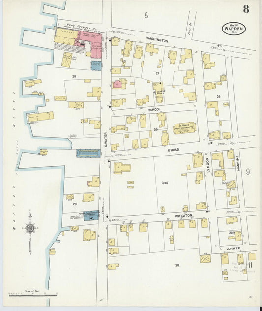 Sanborn Fire Insurance Map from Warren, Bristol County, Rhode Island (1911), Sheet #0008 - Historic Sanborn Fire Insurance Map Print, vintage old map wall art, antique decor, genealogy gift, Rhode Island Rhode Island map