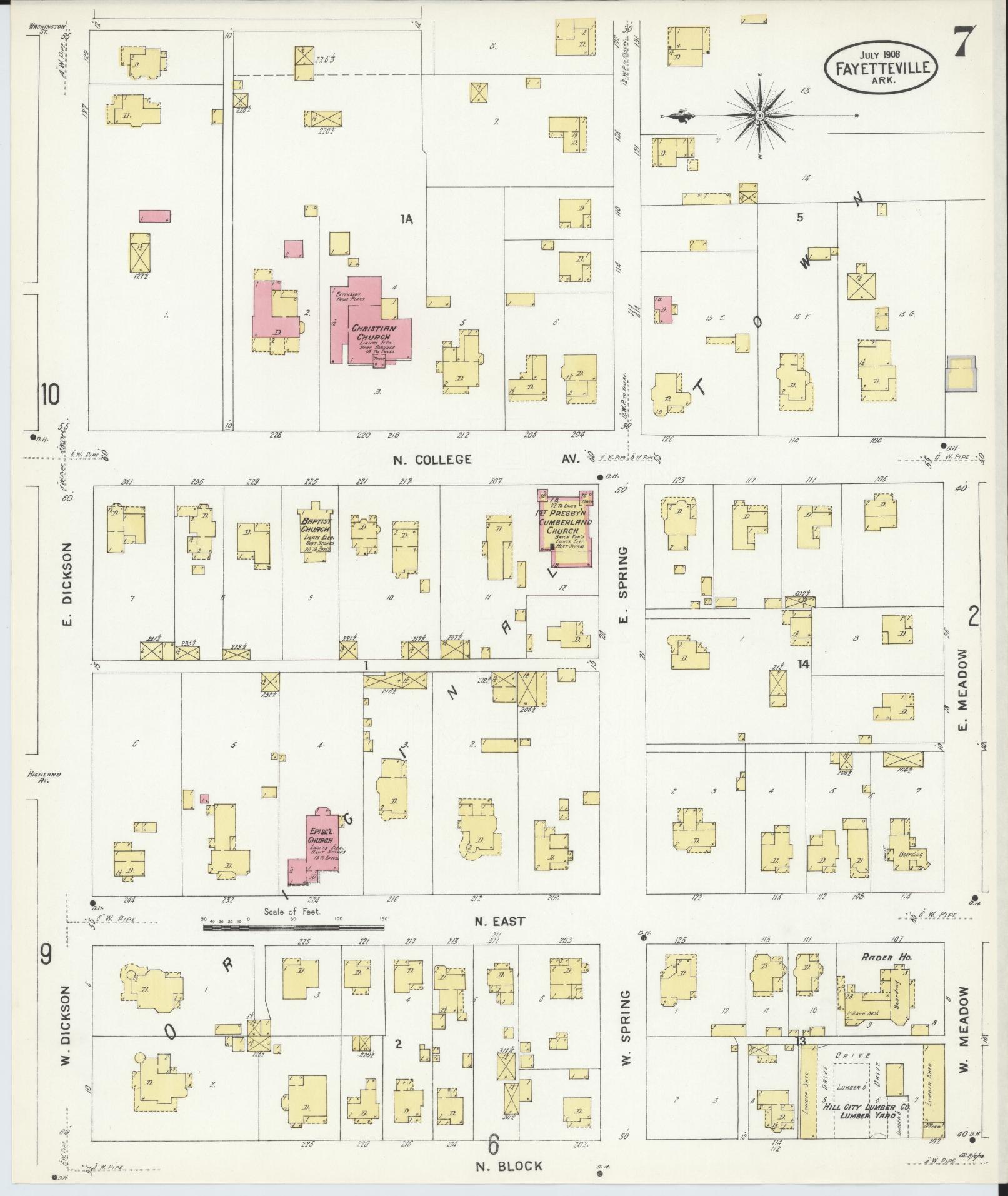 Sanborn Fire Insurance Map from Fayetteville, Washington County, Arkansas (1908), Sheet #0007 - Complete Map Set gallery image, historic Sanborn map, vintage wall art, Arkansas Arkansas