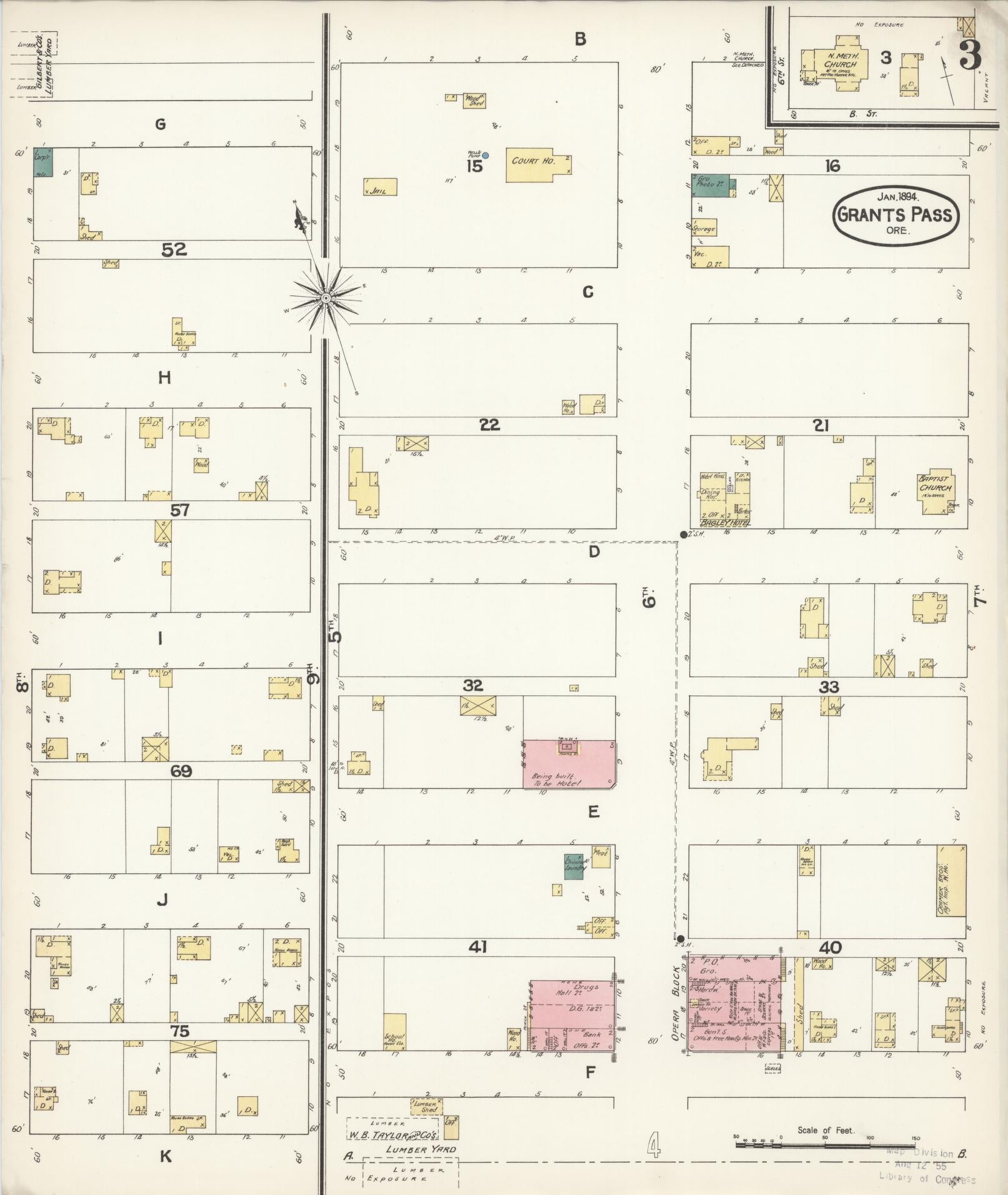Sanborn Fire Insurance Map from Grants Pass, Josephine County, Oregon (1894), Sheet #0003 - Historic Sanborn Fire Insurance Map Print, vintage old map wall art, antique decor, genealogy gift, Oregon Oregon map