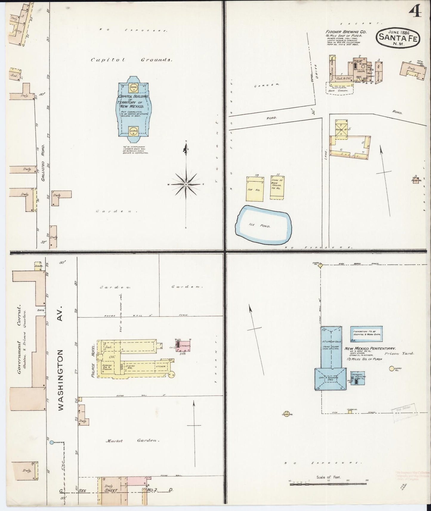 Sanborn Fire Insurance Map from Santa Fe, Santa Fe County, New Mexico (1886), Sheet #0004 - Complete Map Set gallery image, historic Sanborn map, vintage wall art, New Mexico New Mexico