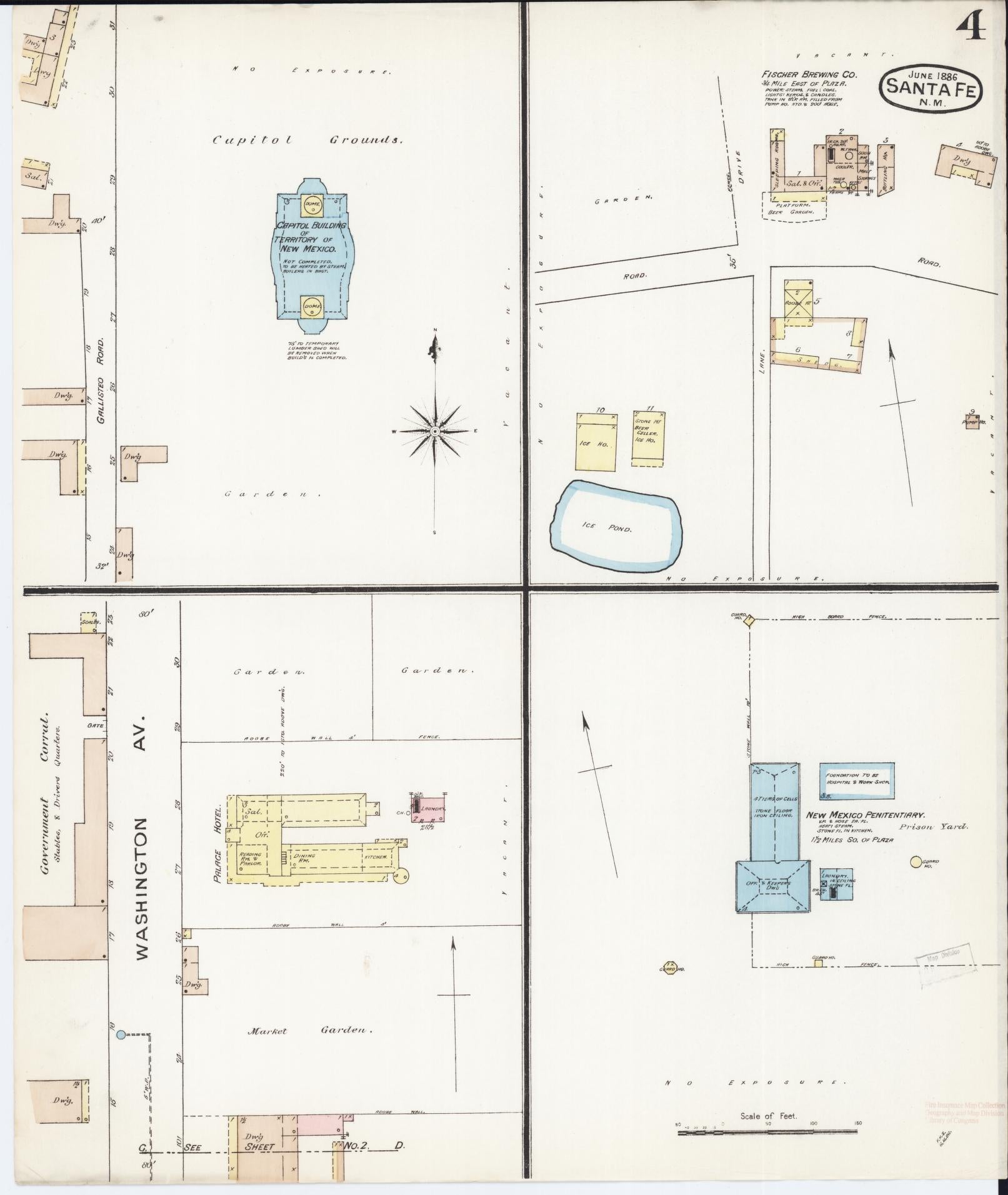 Sanborn Fire Insurance Map from Santa Fe, Santa Fe County, New Mexico (1886), Sheet #0004 - Complete Map Set gallery image, historic Sanborn map, vintage wall art, New Mexico New Mexico