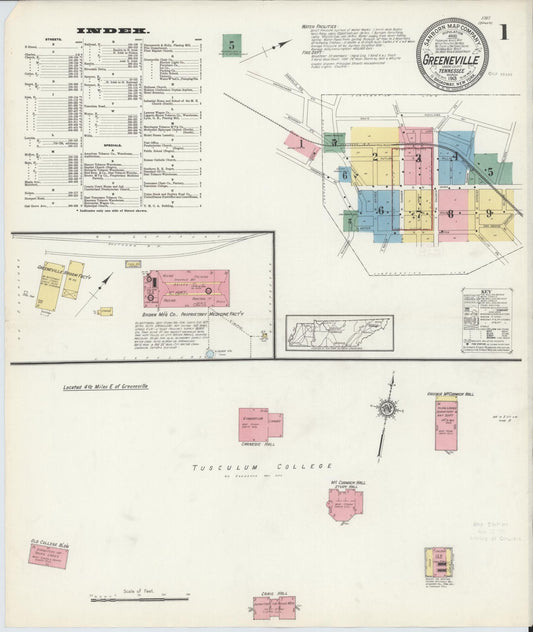 Sanborn Fire Insurance Map from Greeneville, Greene County, Tennessee (1913), Sheet #0001 - Historic Sanborn Fire Insurance Map Print, vintage old map wall art, antique decor, genealogy gift, Tennessee Tennessee map