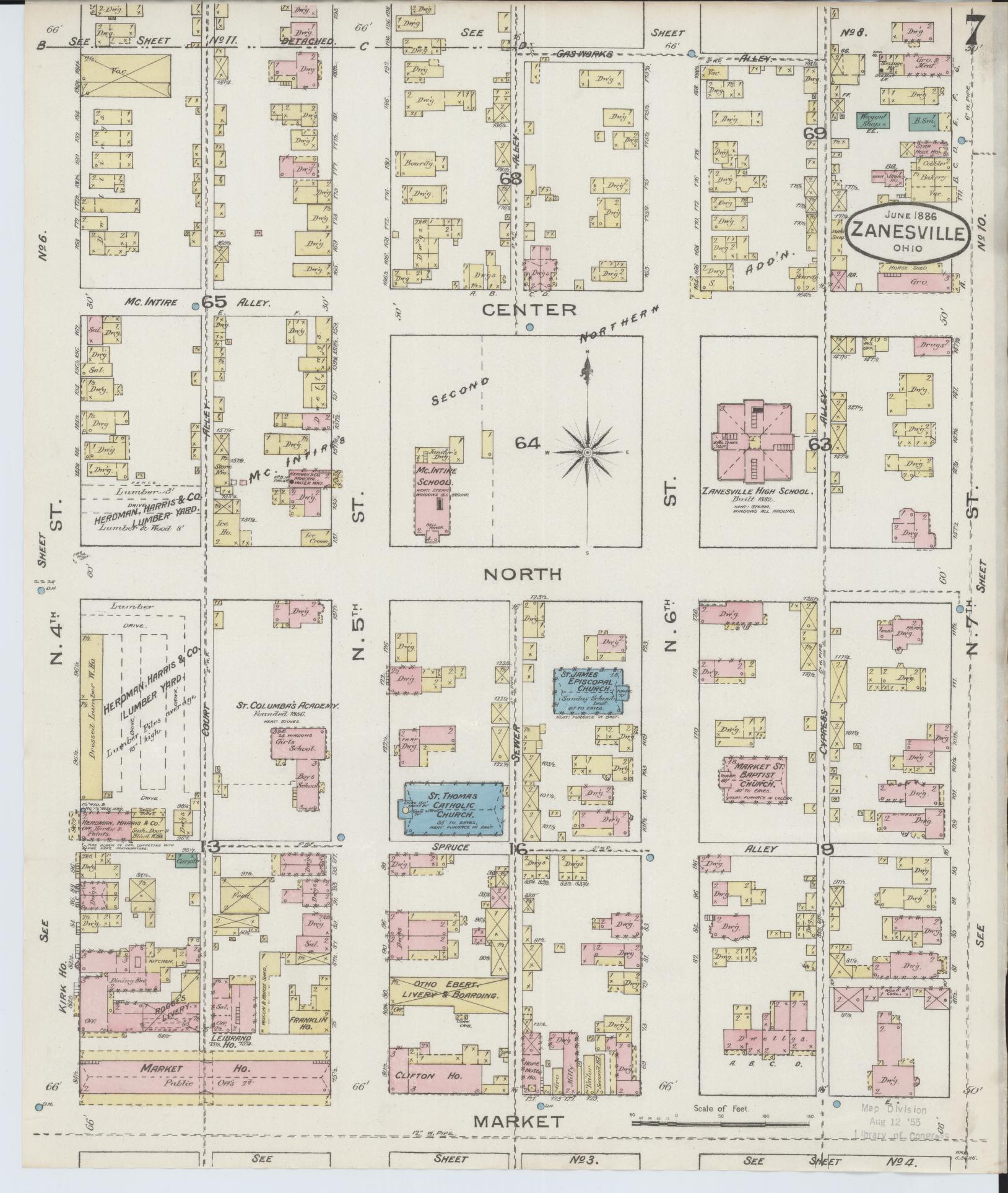 Sanborn Fire Insurance Map from Zanesville, Muskingum County, Ohio (1886), Sheet #0007 - Historic Sanborn Fire Insurance Map Print, vintage old map wall art, antique decor, genealogy gift, Ohio Ohio map