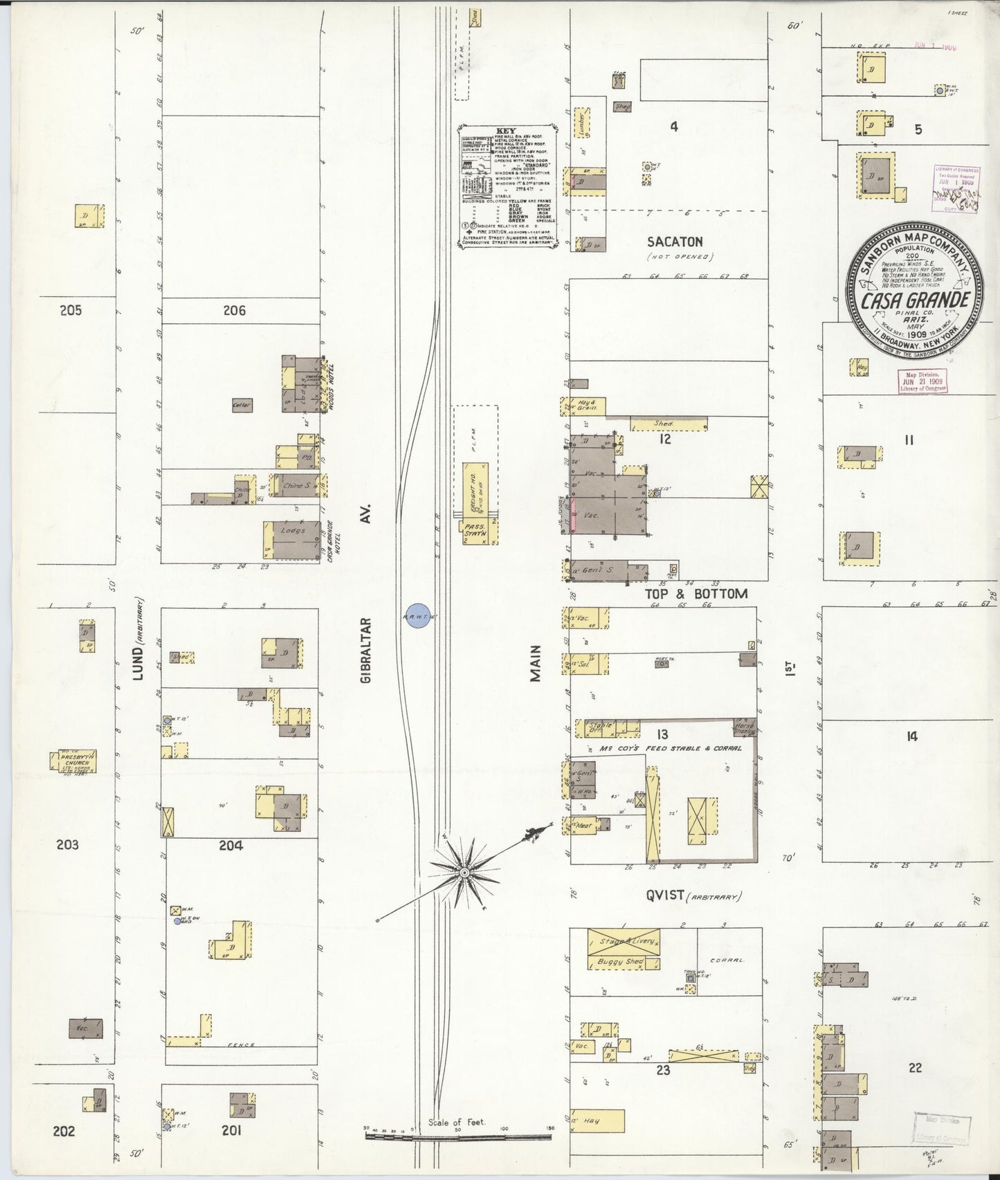 Sanborn Fire Insurance Map from Casa Grande, Pinal County, Arizona (1909), Sheet #0001 - Historic Sanborn Fire Insurance Map Print, vintage old map wall art, antique decor, genealogy gift, Arizona Arizona map