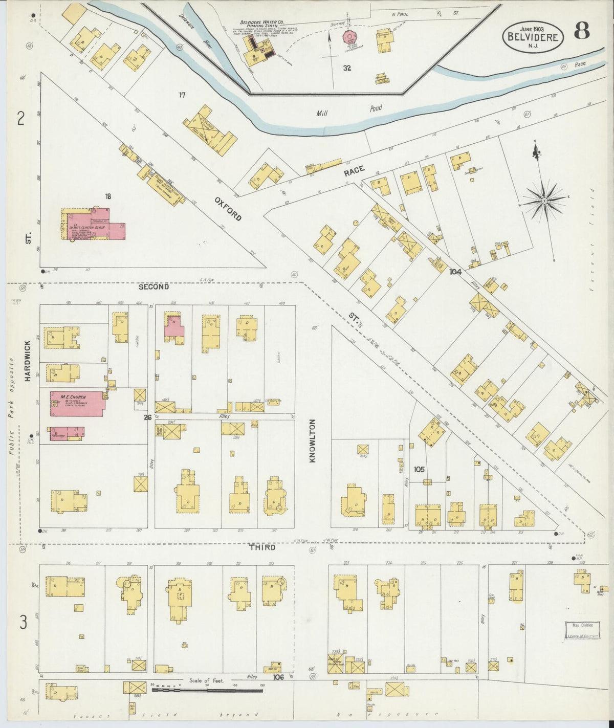Sanborn Fire Insurance Map from Belvidere, Warren County, New Jersey (1903), Sheet #0008 - Historic Sanborn Fire Insurance Map Print, vintage old map wall art, antique decor, genealogy gift, New Jersey New Jersey map