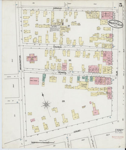 Sanborn Fire Insurance Map from Westfield, Hampden County, Massachusetts (1889), Sheet #0005 - Historic Sanborn Fire Insurance Map Print, vintage old map wall art, antique decor, genealogy gift, Massachusetts Massachusetts map