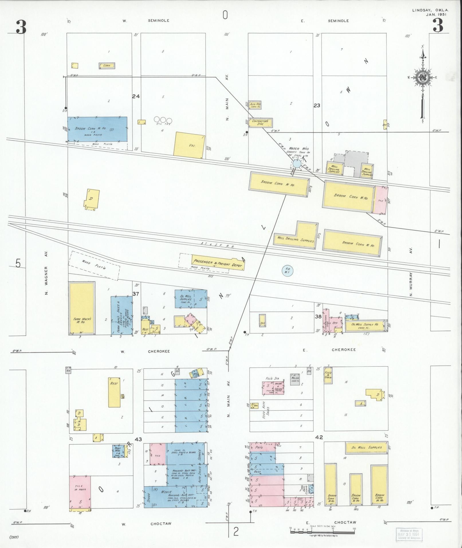Sanborn Fire Insurance Map from Lindsay, Garvin County, Oklahoma (1951), Sheet #0003 - Complete Map Set gallery image, historic Sanborn map, vintage wall art, Oklahoma Oklahoma