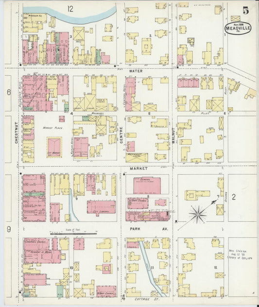 Sanborn Fire Insurance Map from Meadville, Crawford County, Pennsylvania (1896), Sheet #0005 - Historic Sanborn Fire Insurance Map Print, vintage old map wall art, antique decor, genealogy gift, Pennsylvania Pennsylvania map