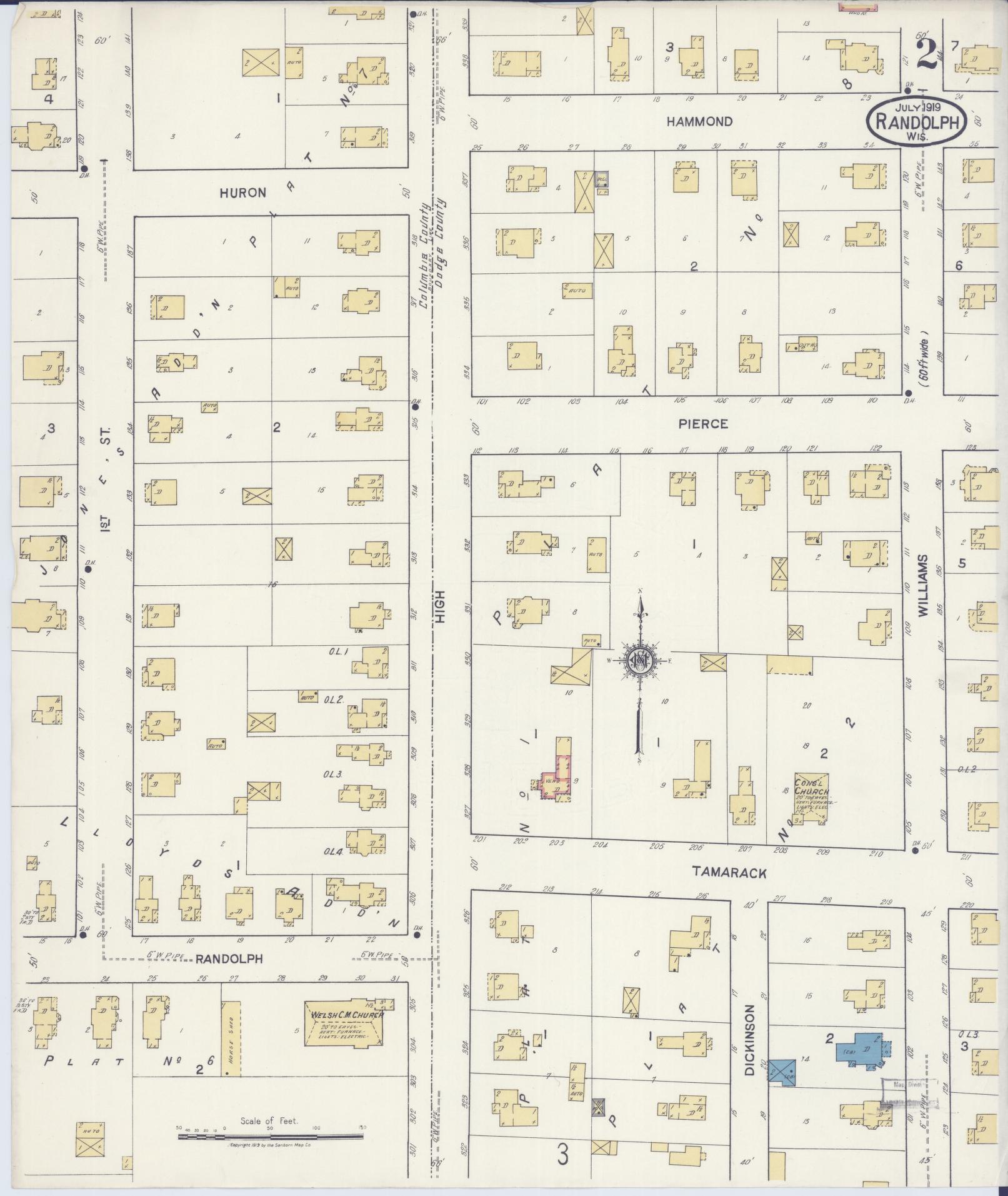 Sanborn Fire Insurance Map from Randolph, Columbia and Dodge Counties, Wisconsin (1919), Sheet #0002 - Historic Sanborn Fire Insurance Map Print, vintage old map wall art, antique decor, genealogy gift, Wisconsin Wisconsin map