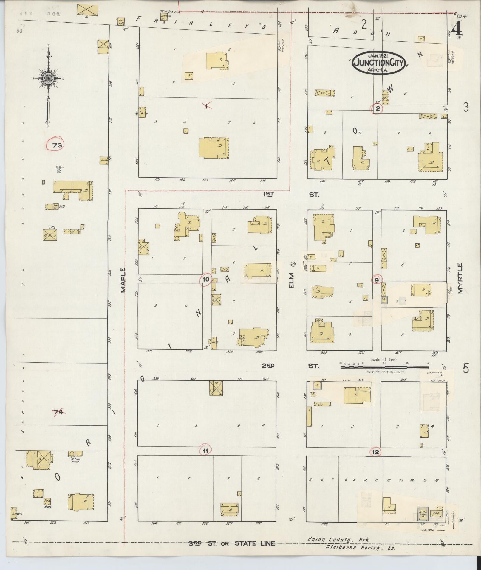 Sanborn Fire Insurance Map from Junction City, Union County. Clairborne And Union Parishes  La., Arkansas (1933), Sheet #0004 - Historic Sanborn Fire Insurance Map Print, vintage old map wall art, antique decor, genealogy gift, Arkansas Arkansas map