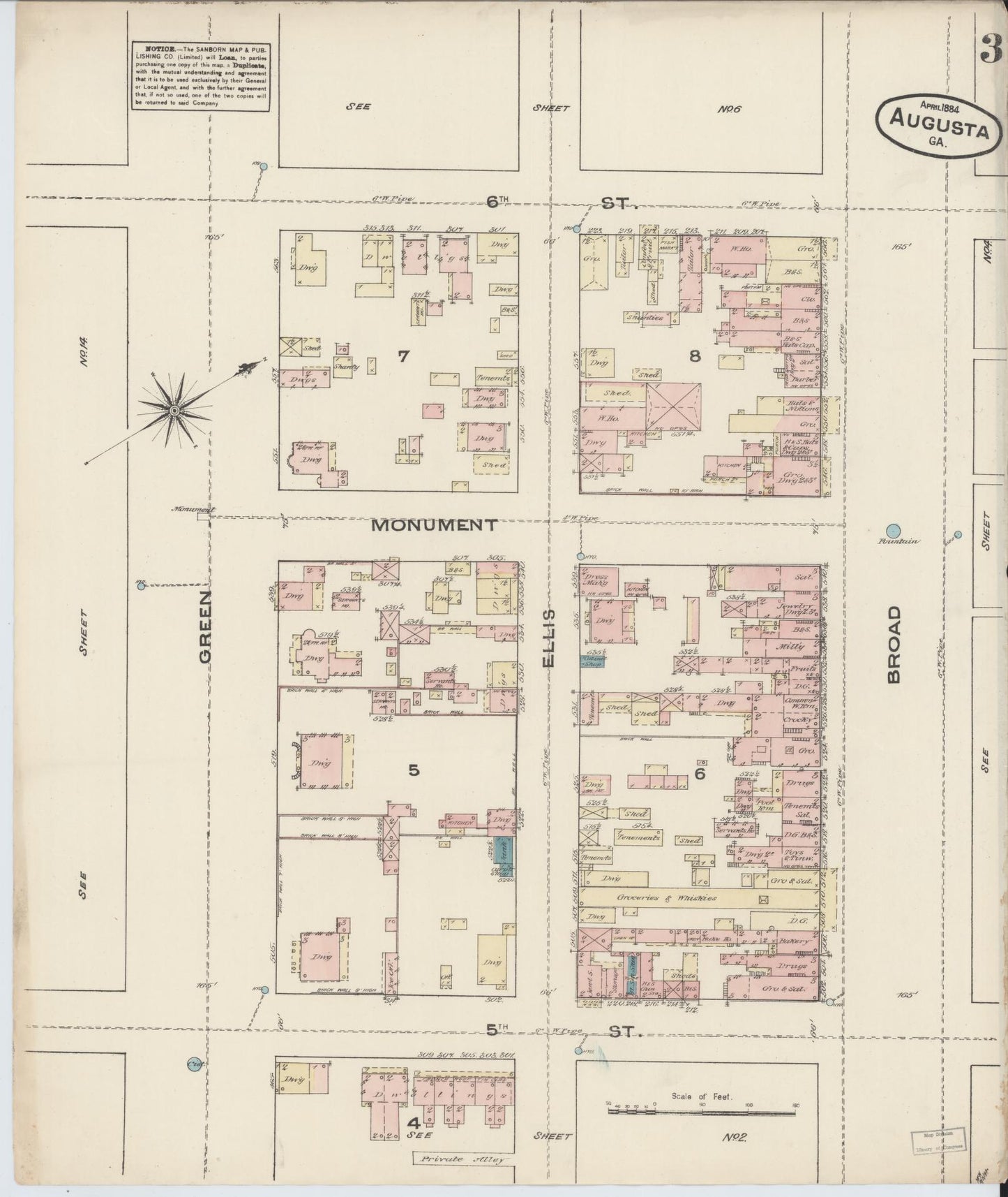 Sanborn Fire Insurance Map from Augusta, Richmond County, Georgia (1884), Sheet #0003 - Complete Map Set gallery image, historic Sanborn map, vintage wall art, Georgia Georgia
