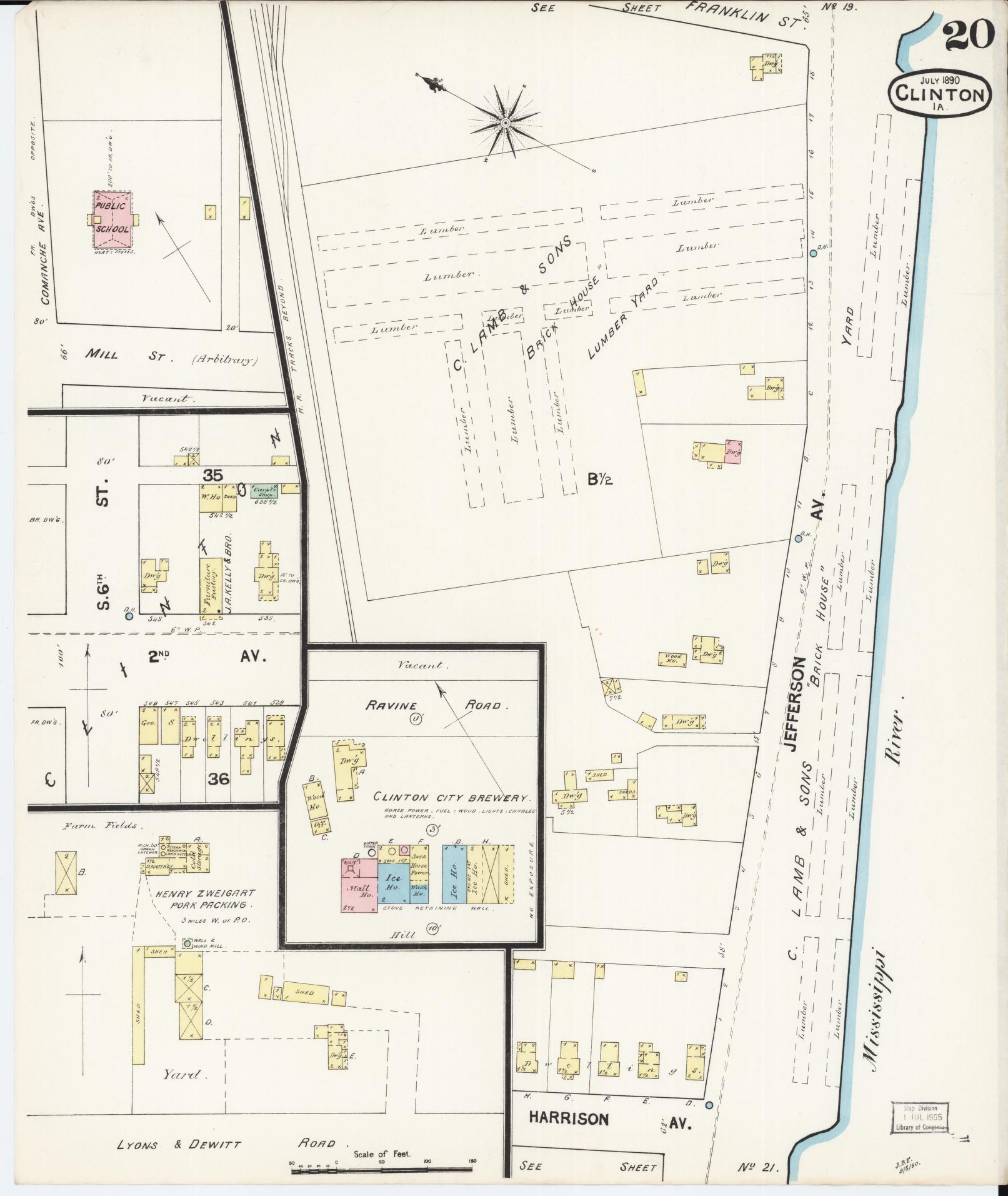 Sanborn Fire Insurance Map from Clinton, Clinton County, Iowa (1890), Sheet #0020 - Historic Sanborn Fire Insurance Map Print, vintage old map wall art