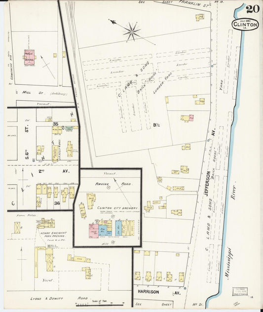 Sanborn Fire Insurance Map from Clinton, Clinton County, Iowa (1890), Sheet #0020 - Historic Sanborn Fire Insurance Map Print, vintage old map wall art