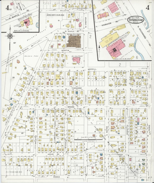 Sanborn Fire Insurance Map from Birmingham, Oakland County, Michigan (1926), Sheet #0004 - Historic Sanborn Fire Insurance Map Print, vintage old map wall art, antique decor, genealogy gift, Michigan Michigan map