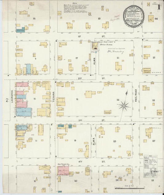 Sanborn Fire Insurance Map from Hallettsville, Lavaca County, Texas (1896), Sheet #0001 - Complete Map Set gallery image, historic Sanborn map, vintage wall art, Texas Texas