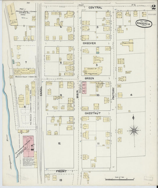 Sanborn Fire Insurance Map from Ansonia, New Haven County, Connecticut (1890), Sheet #0002 - Historic Sanborn Fire Insurance Map Print, vintage old map wall art, antique decor, genealogy gift, Connecticut Connecticut map