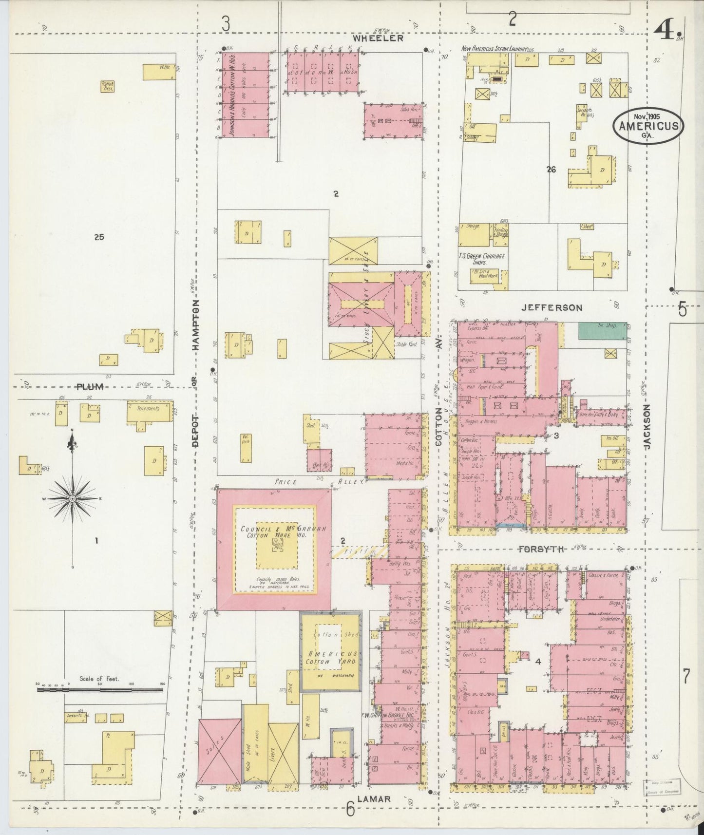 Sanborn Fire Insurance Map from Americus, Sumter County, Georgia (1905), Sheet #0004 - Complete Map Set gallery image, historic Sanborn map, vintage wall art, Georgia Georgia