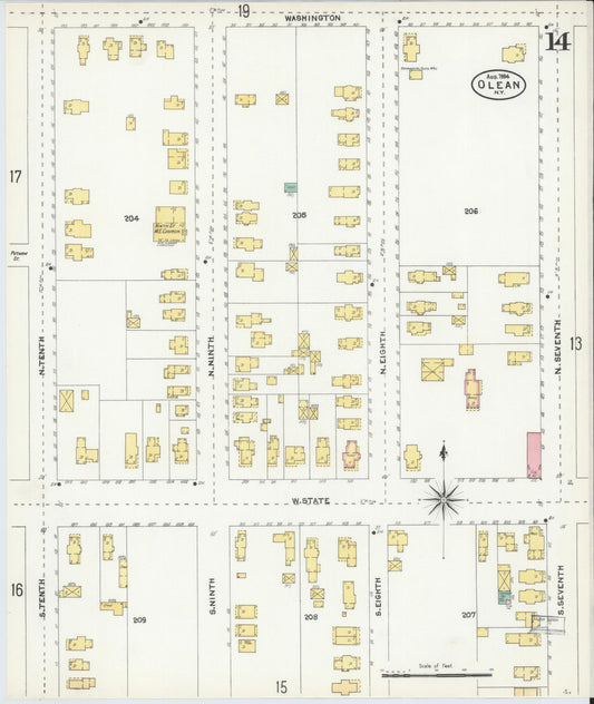 Sanborn Fire Insurance Map from Olean, Cattaraugus County, New York (1904), Sheet #0014 - Historic Sanborn Fire Insurance Map Print, vintage old map wall art, antique decor, genealogy gift, New York New York map