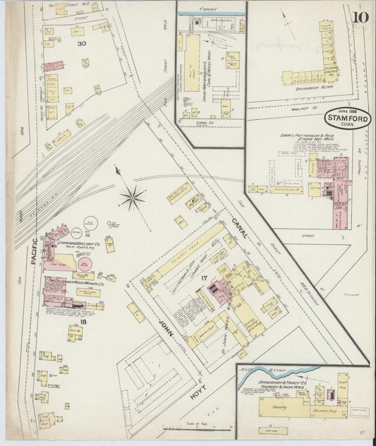 Sanborn Fire Insurance Map from Stamford, Fairfield County, Connecticut (1888), Sheet #0010 - Historic Sanborn Fire Insurance Map Print, vintage old map wall art, antique decor, genealogy gift, Connecticut Connecticut map
