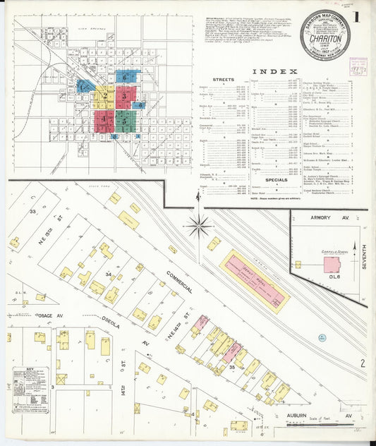 Sanborn Fire Insurance Map from Chariton, Lucas County, Iowa (1907), Sheet #0001 - Historic Sanborn Fire Insurance Map Print, vintage old map wall art