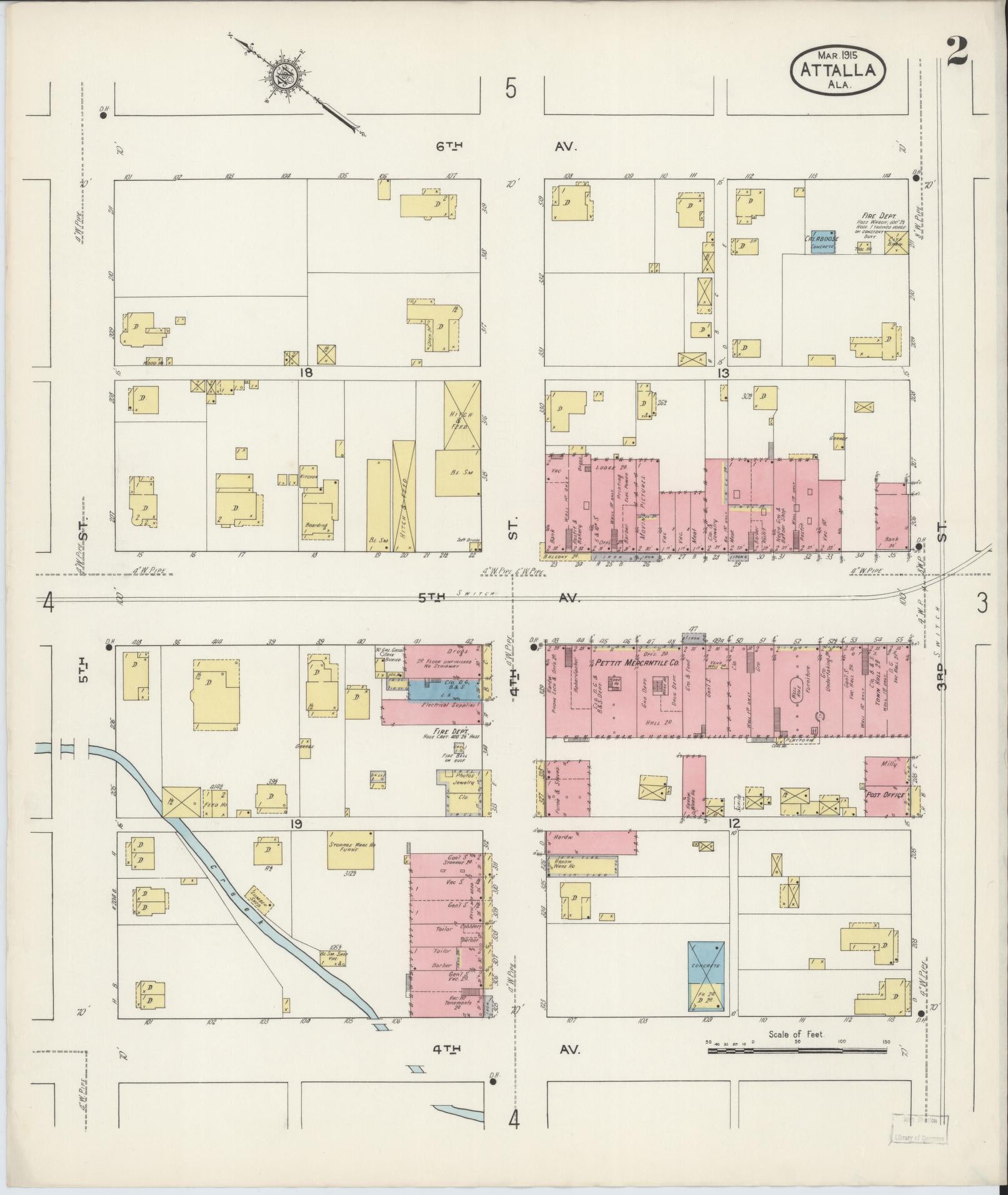 Sanborn Fire Insurance Map from Attalla, Etowah County, Alabama (1915), Sheet #0002 - Historic Sanborn Fire Insurance Map Print, vintage old map wall art, antique decor, genealogy gift, Alabama Alabama map