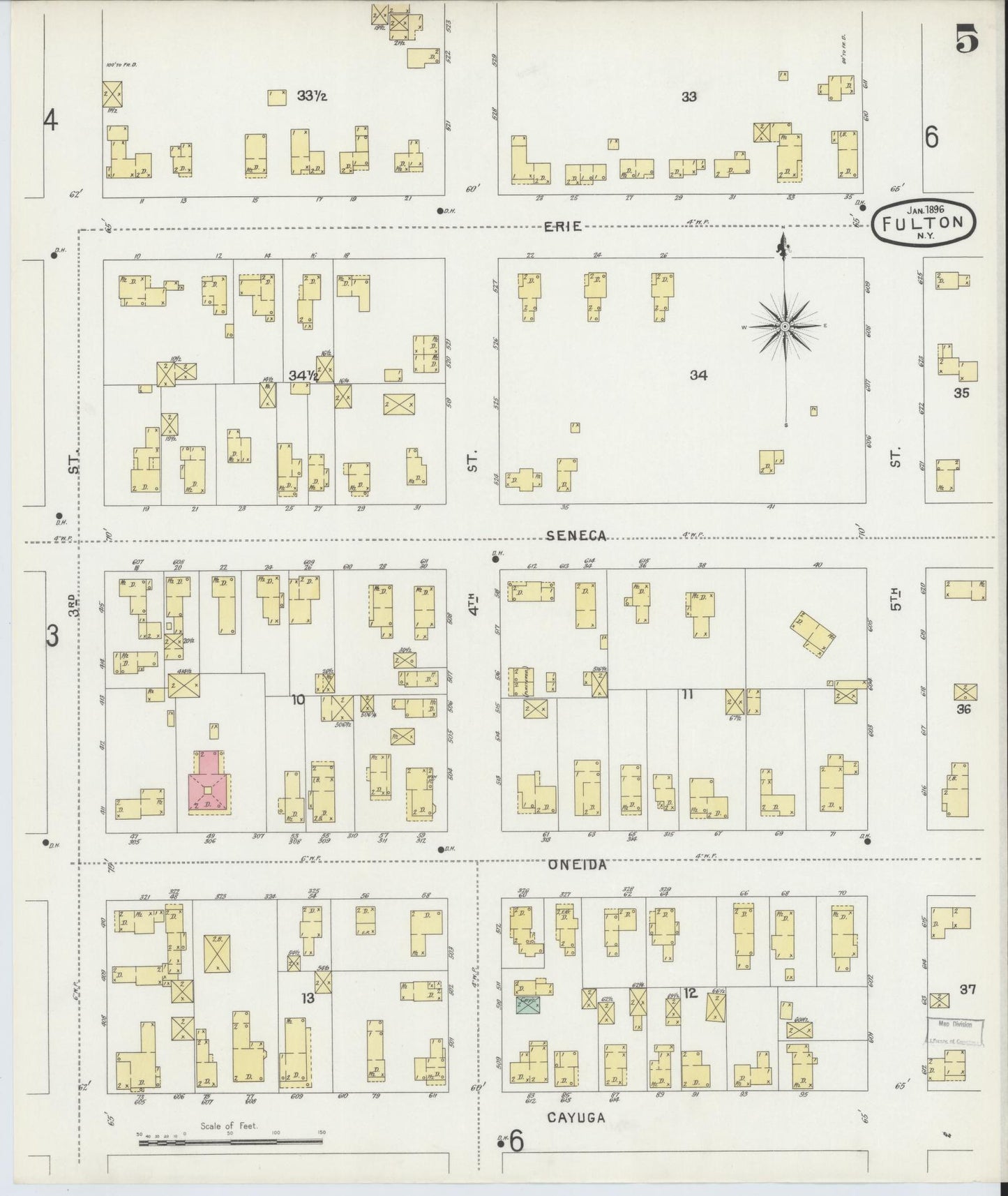 Sanborn Fire Insurance Map from Fulton, Oswego County, New York (1896), Sheet #0005 - Historic Sanborn Fire Insurance Map Print, vintage old map wall art, antique decor, genealogy gift, New York New York map