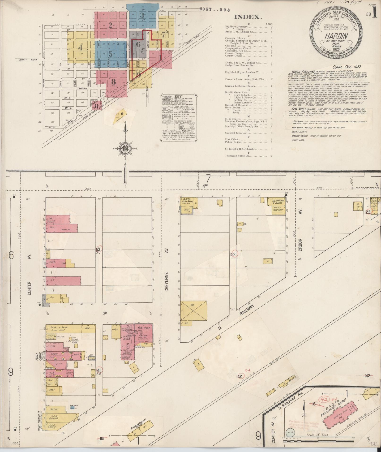 Sanborn Fire Insurance Map from Hardin, Big Horn County, Montana (1927), Sheet #0001 - Historic Sanborn Fire Insurance Map Print, vintage old map wall art, antique decor, genealogy gift, Montana Montana map