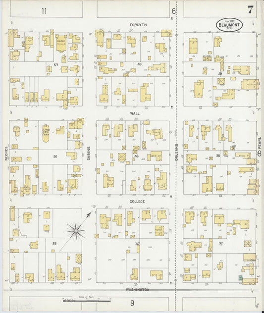 Sanborn Fire Insurance Map from Beaumont, Jefferson County, Texas (1899), Sheet #0007 - Historic Sanborn Fire Insurance Map Print, vintage old map wall art, antique decor, genealogy gift, Texas Texas map