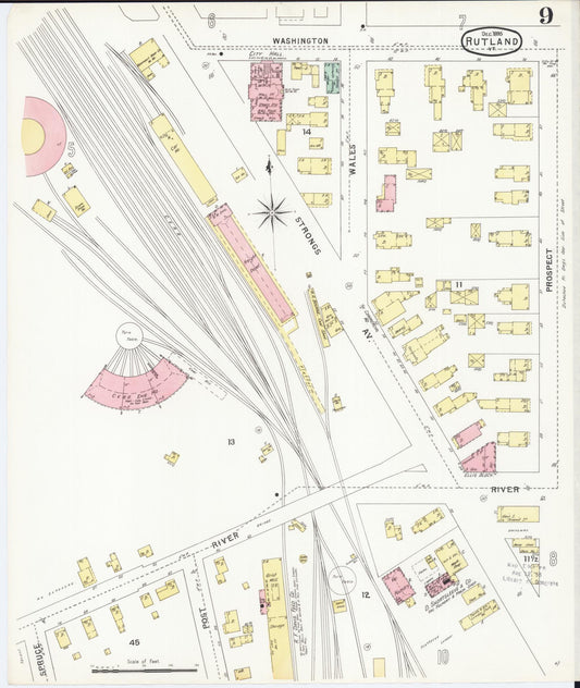 Sanborn Fire Insurance Map from Rutland, Rutland County, Vermont (1895), Sheet #0009 - Historic Sanborn Fire Insurance Map Print, vintage old map wall art, antique decor, genealogy gift, Vermont Vermont map