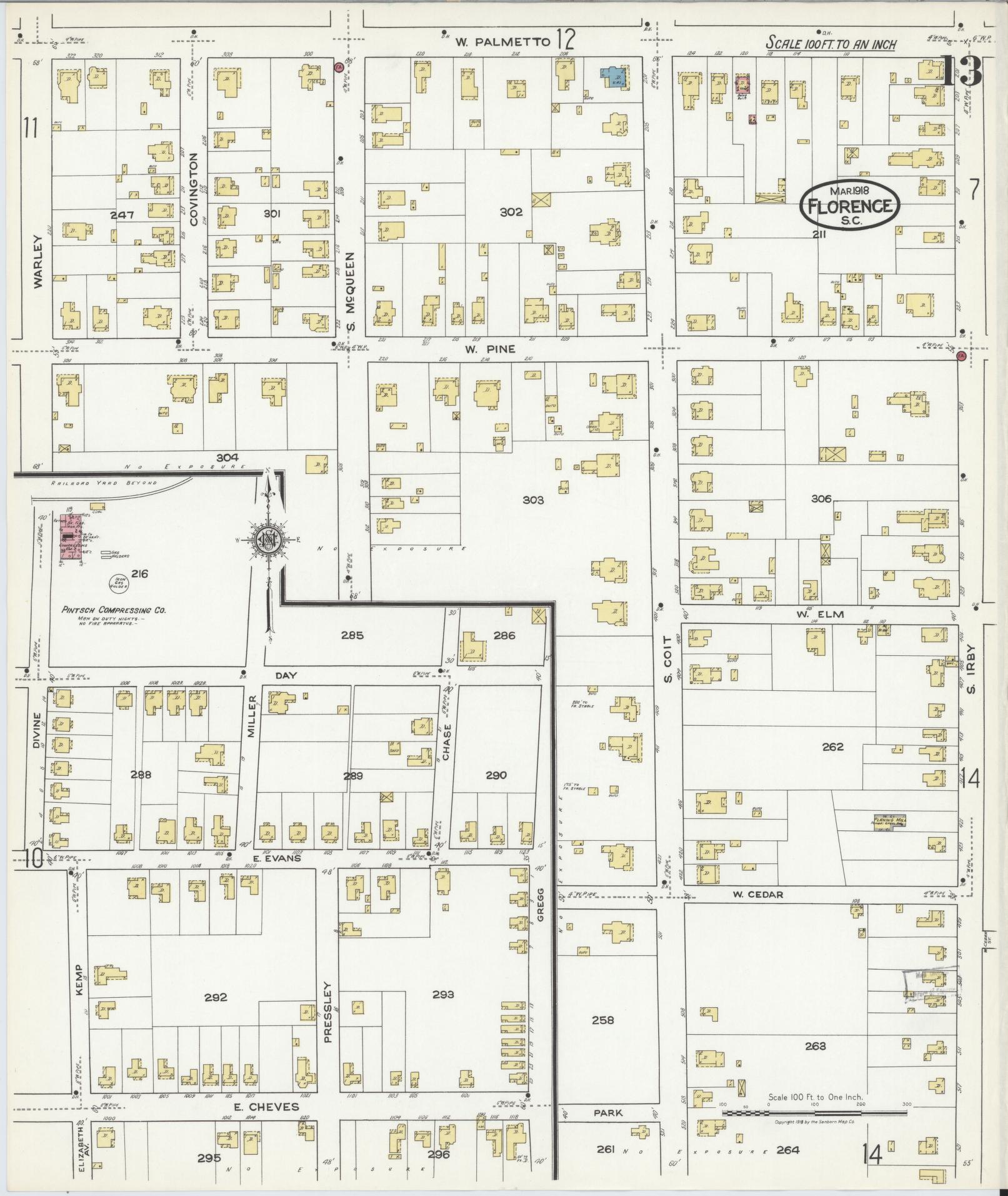 Sanborn Fire Insurance Map from Florence, Florence County, South Carolina (1918), Sheet #0013 - Complete Map Set gallery image, historic Sanborn map, vintage wall art, South Carolina South Carolina