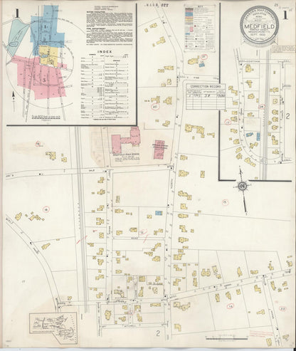 Sanborn Fire Insurance Map from Medfield, Norfolk County, Massachusetts (1943), Sheet #0001 - Historic Sanborn Fire Insurance Map Print, vintage old map wall art, antique decor, genealogy gift, Massachusetts Massachusetts map