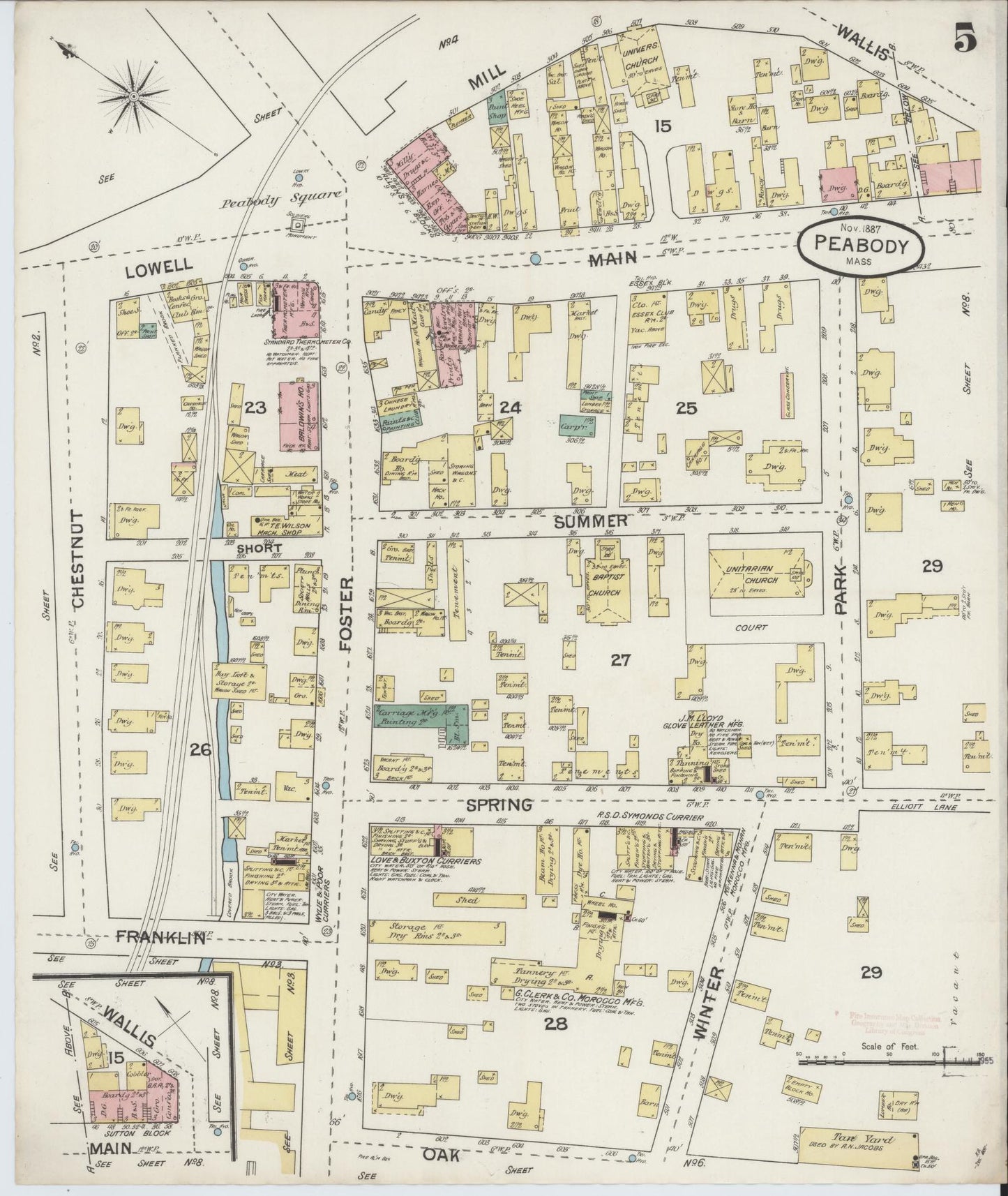 Sanborn Fire Insurance Map from Peabody, Essex County, Massachusetts (1887), Sheet #0005 - Complete Map Set gallery image, historic Sanborn map, vintage wall art, Massachusetts Massachusetts