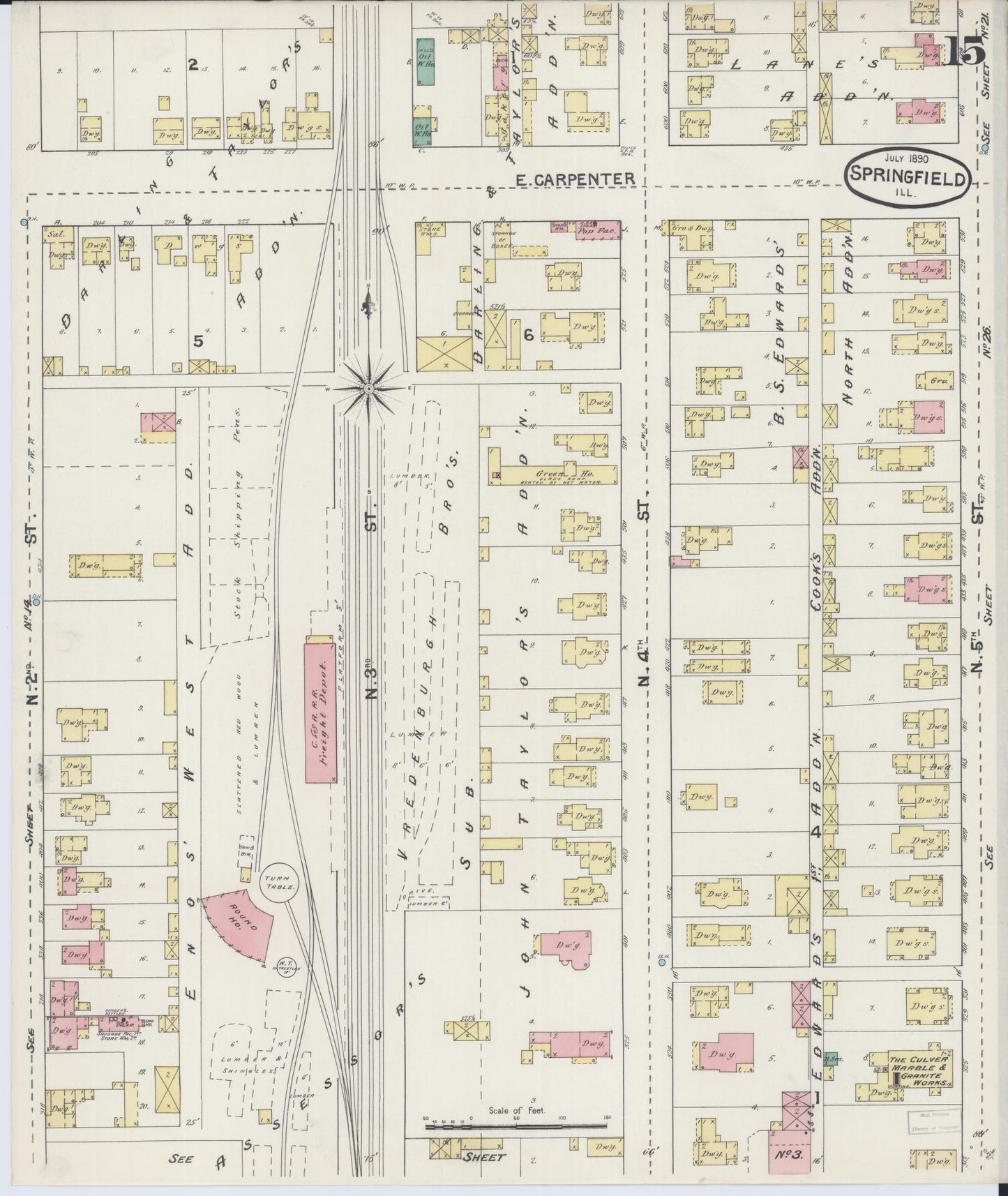 Sanborn Fire Insurance Map from Springfield, Sangamon County, Illinois (1890), Sheet #0015 - Complete Map Set gallery image, historic Sanborn map, vintage wall art, Illinois Illinois