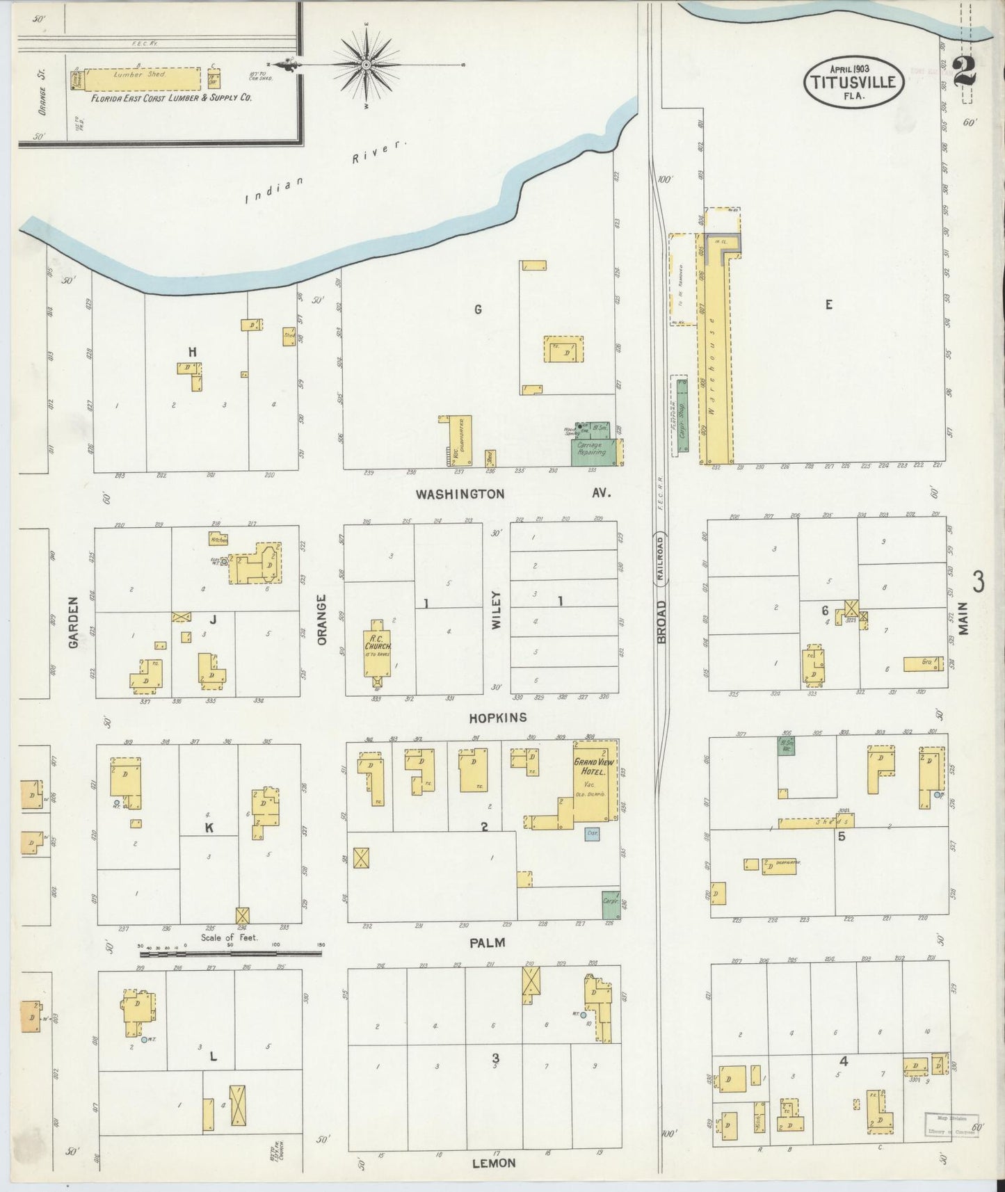 Sanborn Fire Insurance Map from Titusville, Brevard County, Florida (1903), Sheet #0002 - Complete Map Set gallery image, historic Sanborn map, vintage wall art, Florida Florida
