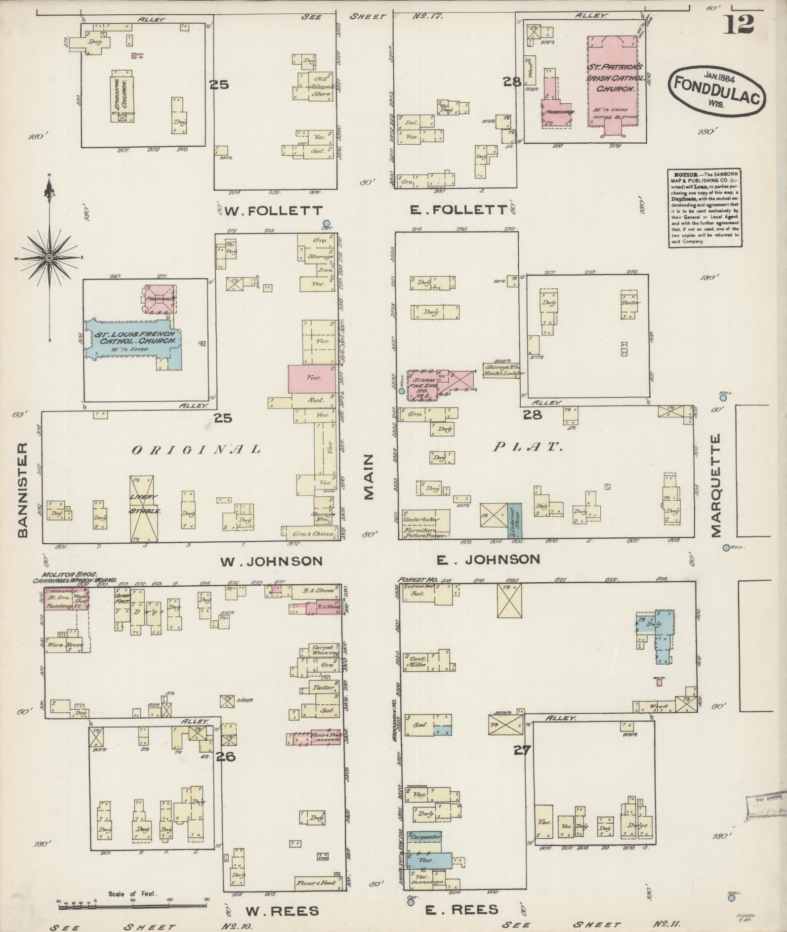 Sanborn Fire Insurance Map from Fond du Lac, Fond du Lac County, Wisconsin (1884), Sheet #0012 - Historic Sanborn Fire Insurance Map Print, vintage old map wall art, antique decor, genealogy gift, Wisconsin Wisconsin map