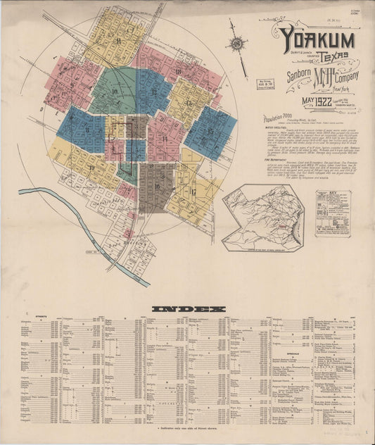 Sanborn Fire Insurance Map from Yoakum, De Witt And Lavaca Counties, Texas (1922), Sheet #0001 - Historic Sanborn Fire Insurance Map Print, vintage old map wall art, antique decor, genealogy gift, Texas Texas map