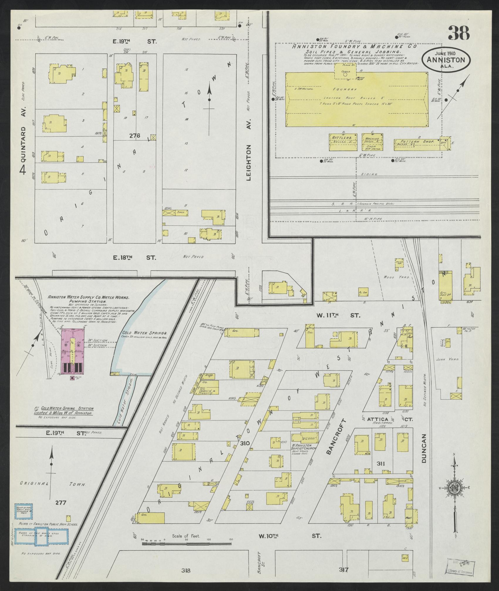 Sanborn Fire Insurance Map from Anniston, Calhoun County, Alabama (1910), Sheet #0038 - Complete Map Set gallery image, historic Sanborn map, vintage wall art, Alabama Alabama