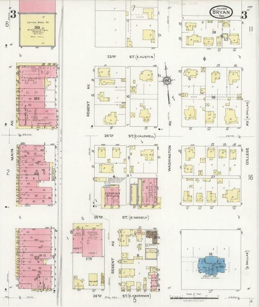 Sanborn Fire Insurance Map from Bryan, Brazos County, Texas (1925), Sheet #0003 - Historic Sanborn Fire Insurance Map Print, vintage old map wall art, antique decor, genealogy gift, Texas Texas map