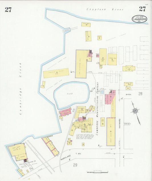 Sanborn Fire Insurance Map from Cambridge, Dorchester County, Maryland (1930), Sheet #0027 - Historic Sanborn Fire Insurance Map Print, vintage old map wall art, antique decor, genealogy gift, Maryland Maryland map